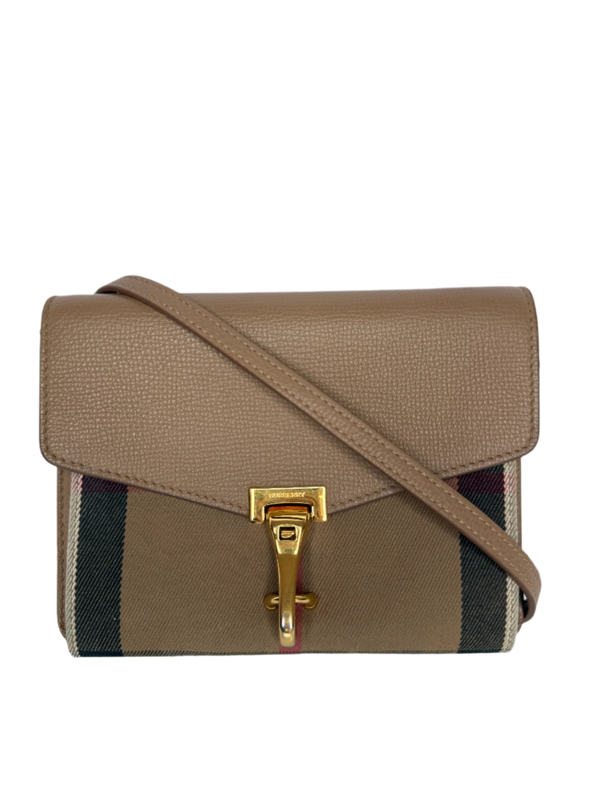 Burberry Derby Calfskin House Check Small Macken Crossbody Bag Camel