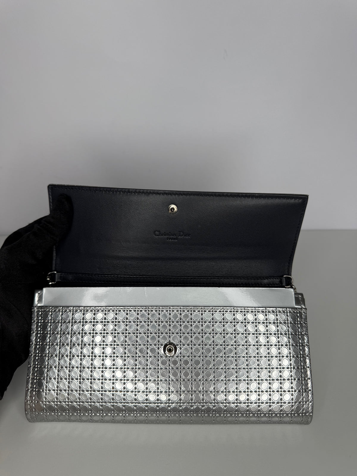Christian Dior Lady Dior Croisiere Perforated Wallet on Chain in Silver