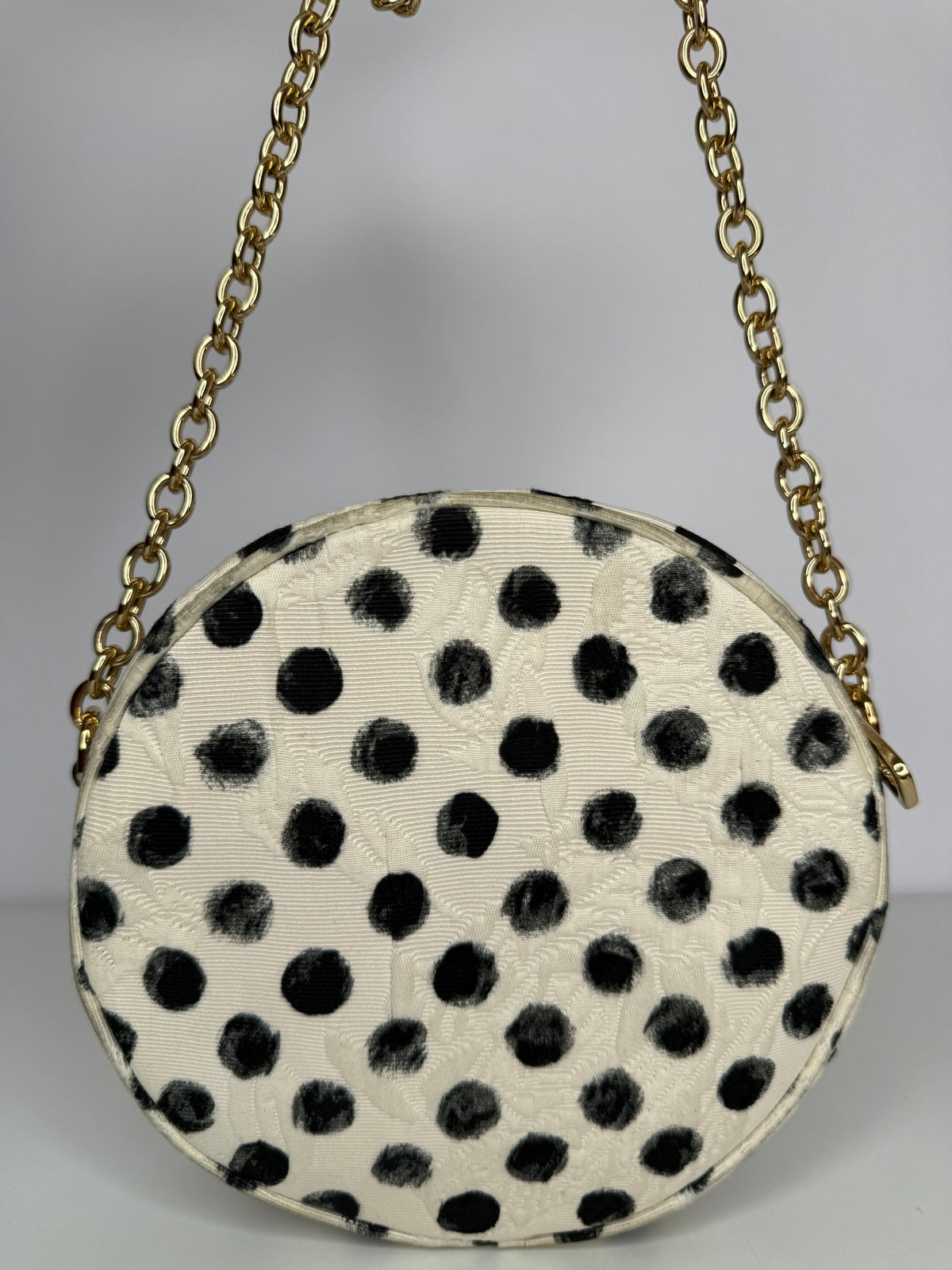 Dolce Gabbana Black/White Polka Dot Fabric Brocade Round Glam Crossbody Bag