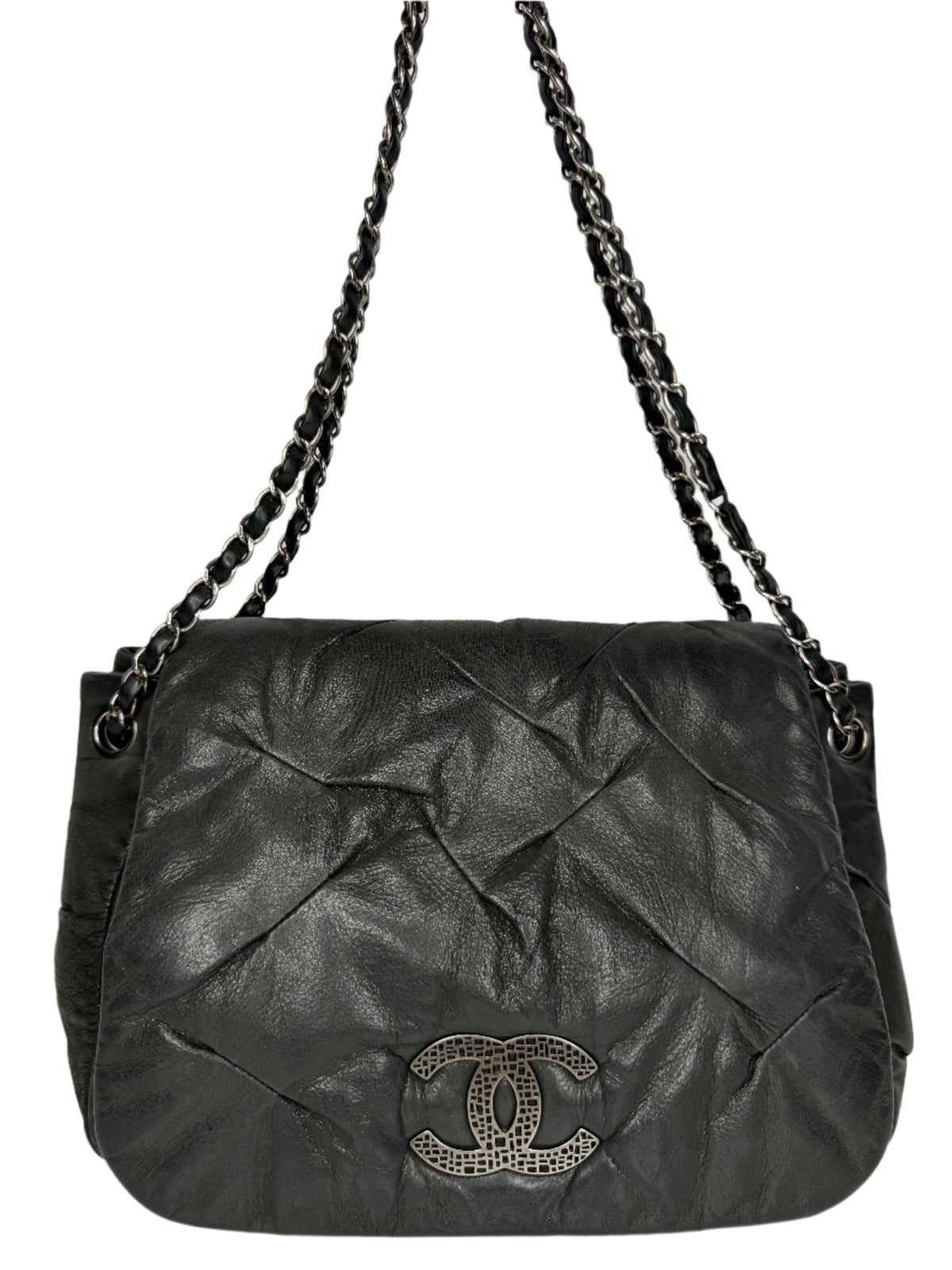Chanel Grey Iridescent Calfskin Glint Accordion Flap Shoulder Bag