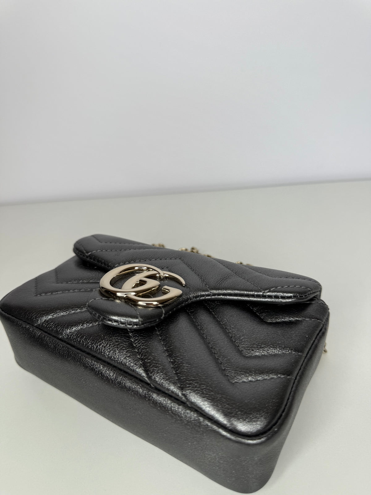 Gucci Calfskin Matelasse Super Mini GG Marmont Shoulder Bag Dark Gray