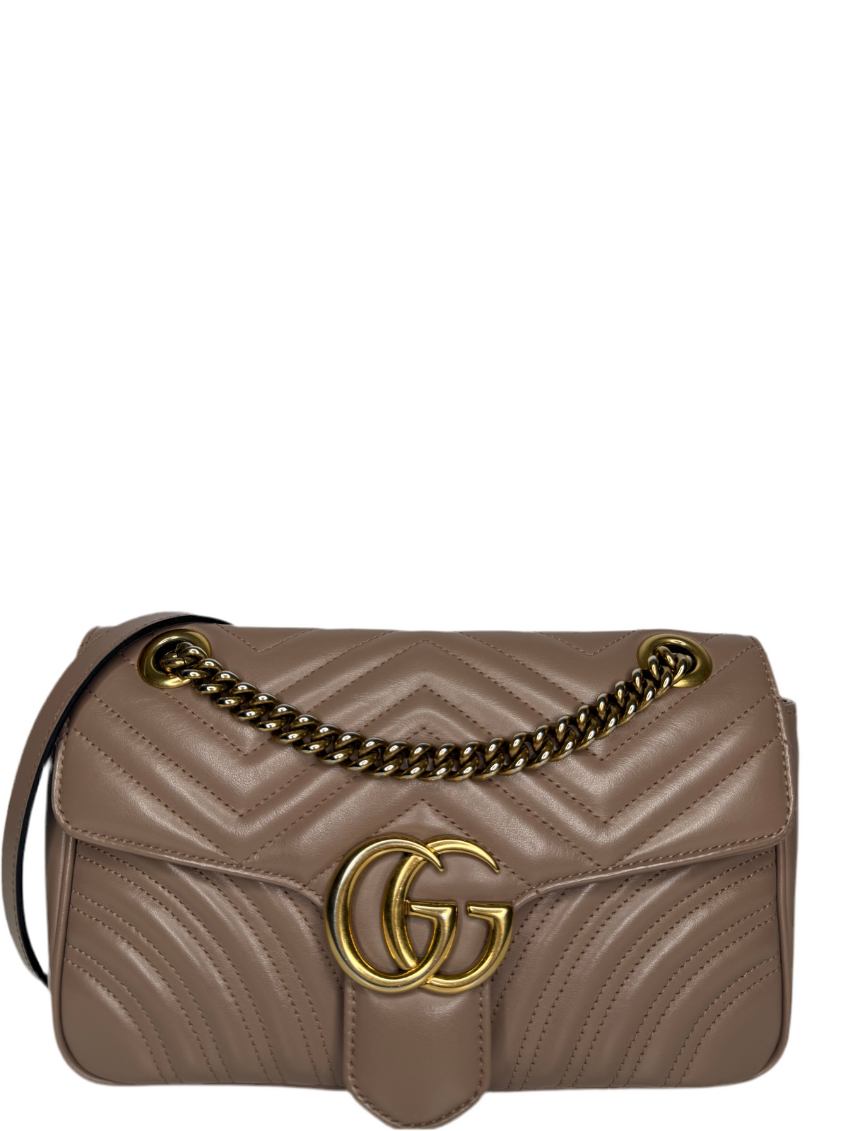 Gucci GG Marmont Small Matelassé Chevron Beige Leather