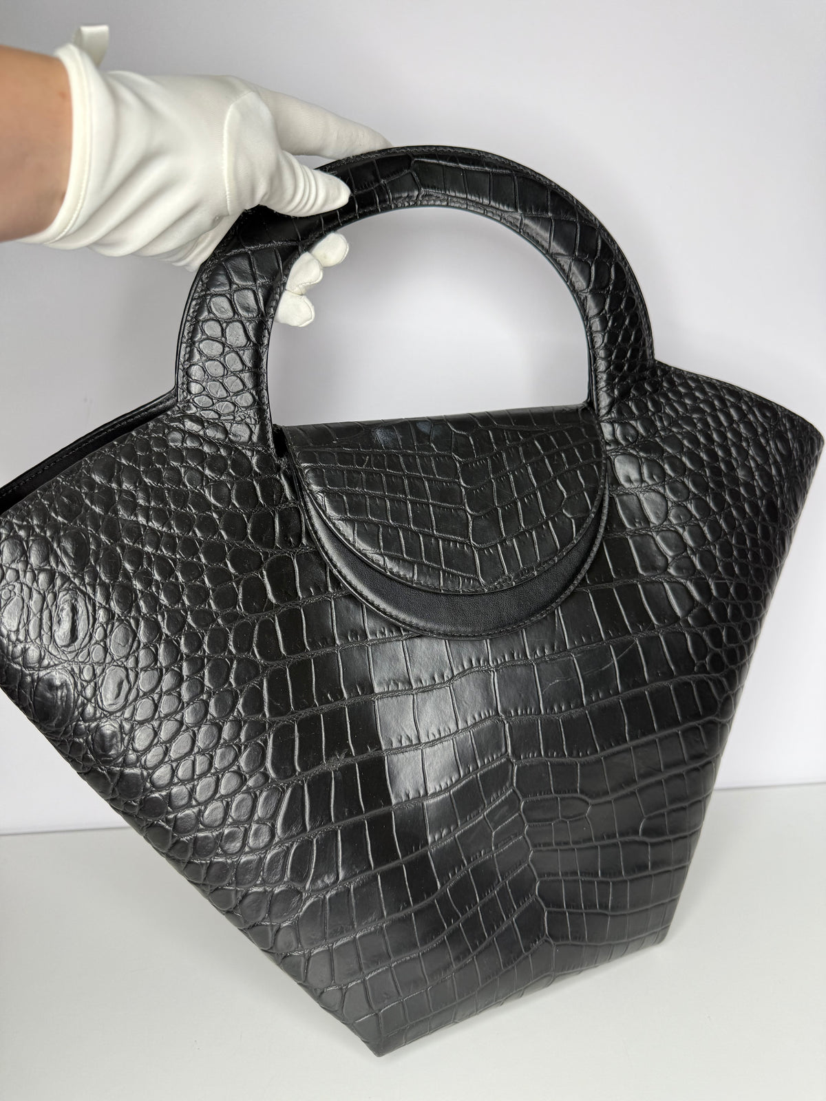 Bottega Veneta Black Crocodile Embossed Leather Doll Tote