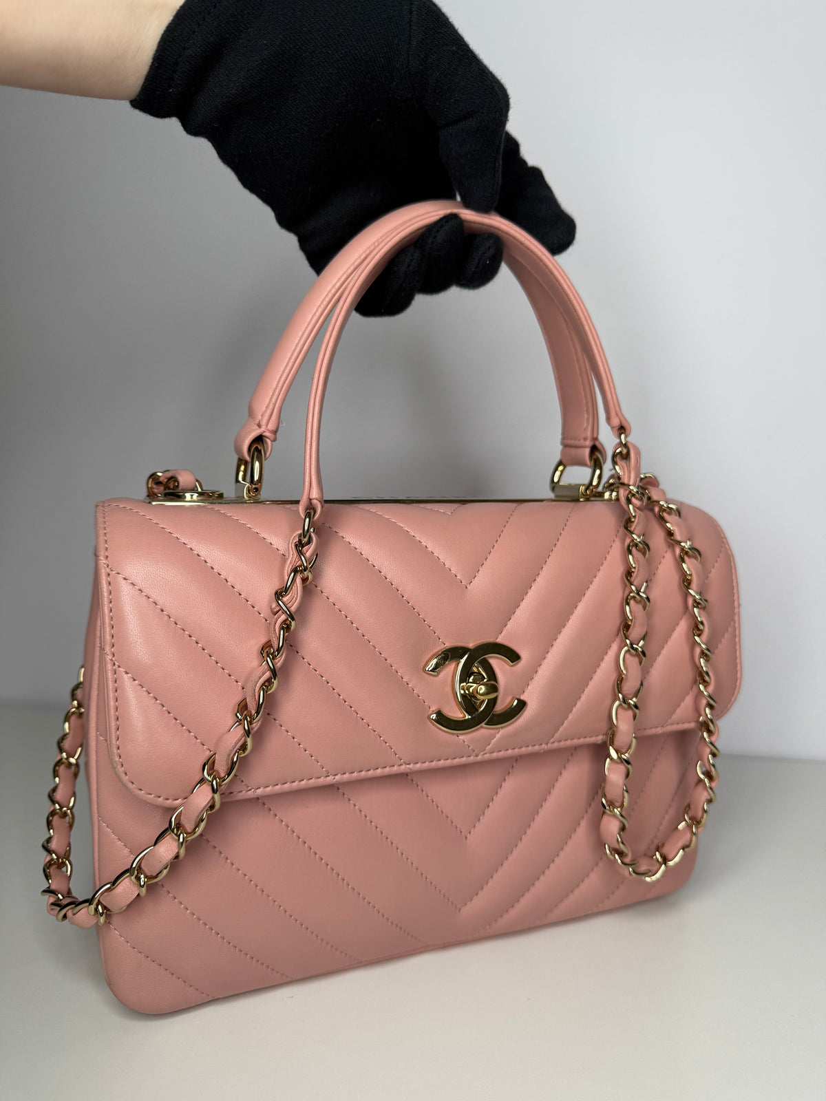 Chanel Small Trendy CC Light Pink Lambskin Chevron Quilted Top Handle Bag