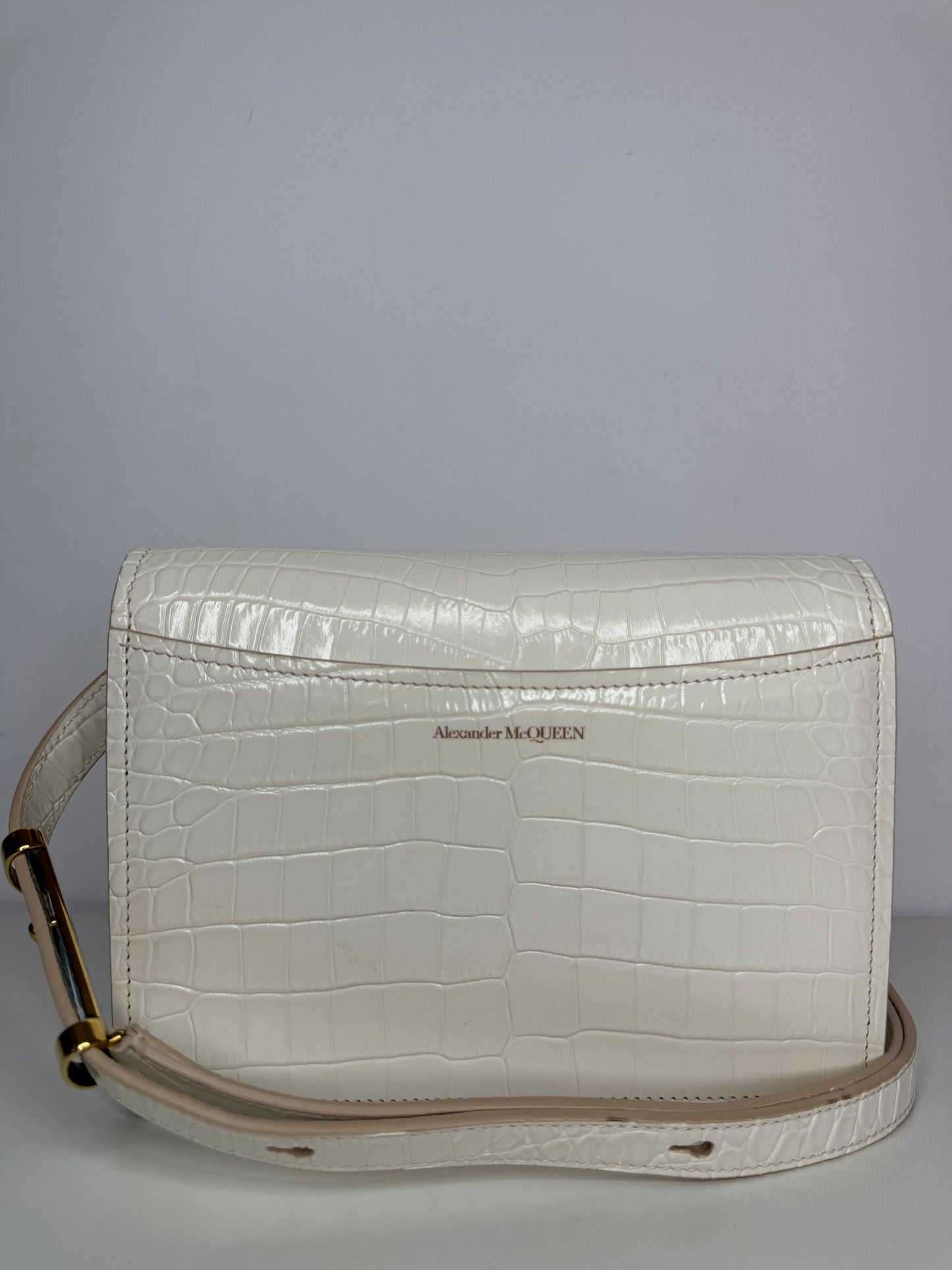 Alexander McQueen Croc Embossed Four Ring Crossbody Bag in Soft Ivory