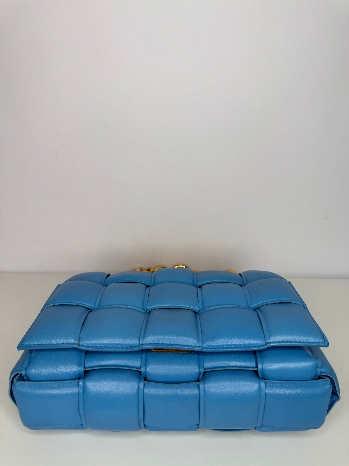 Bottega Veneta Blue Lambskin Maxi Intreccio Padded Chain Cassette Crossbody Bag