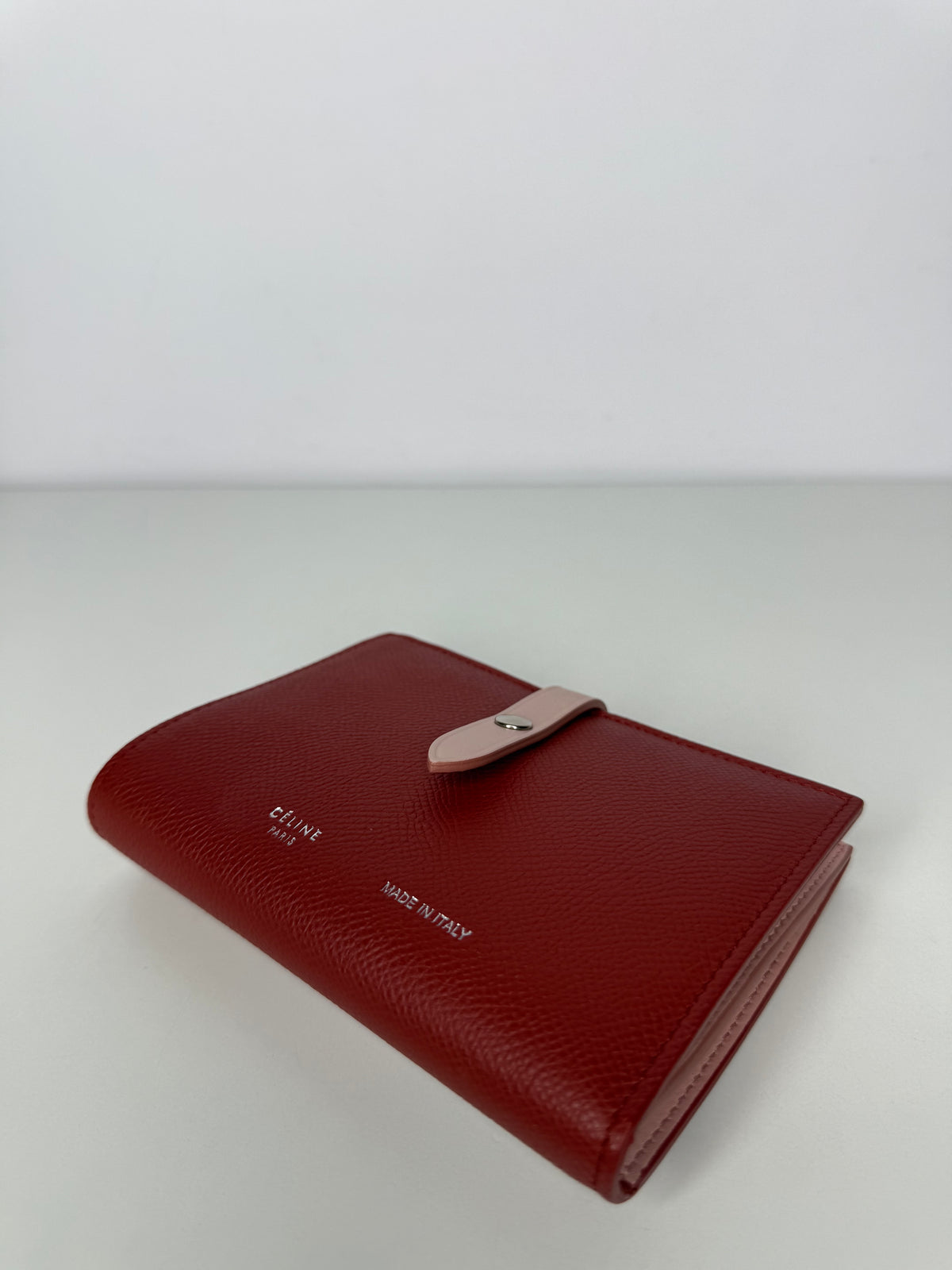 Celine Red/Light Pink Grained Leather Multifunction Strap Wallet