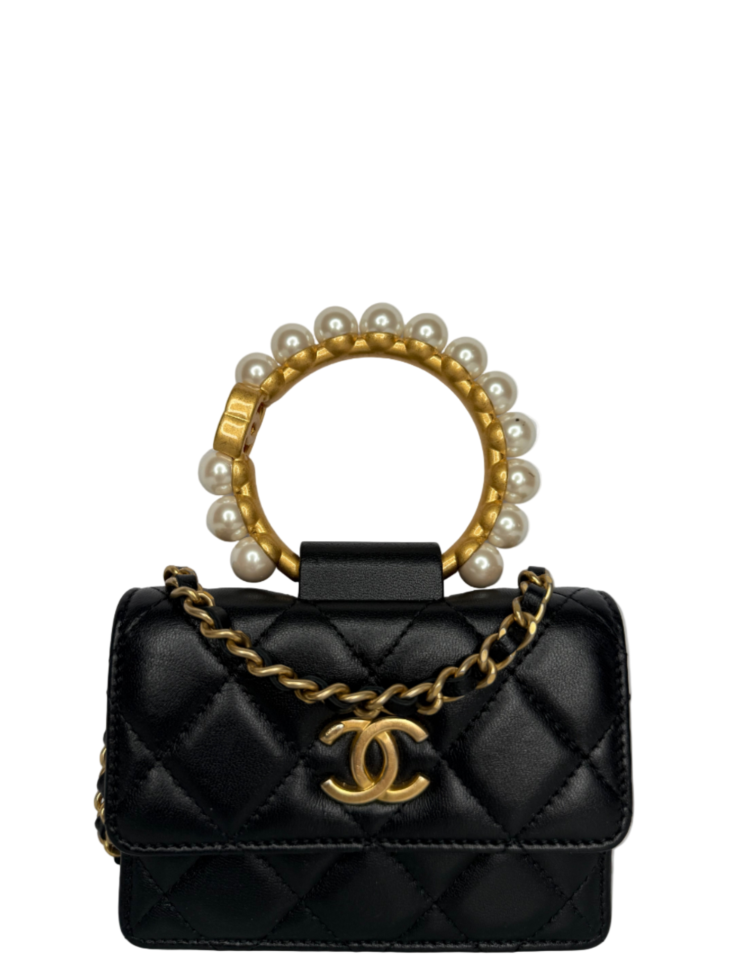 Chanel Black Quilted Lambskin Pearl Crown Clutch with Chain