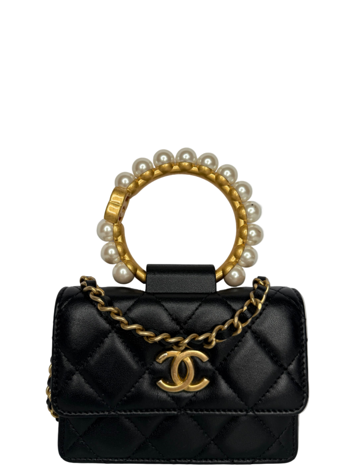 Chanel Black Quilted Lambskin Pearl Crown Clutch with Chain