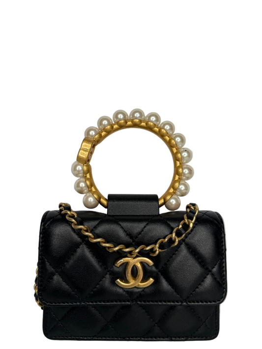 Chanel Black Quilted Lambskin Pearl Crown Clutch with Chain