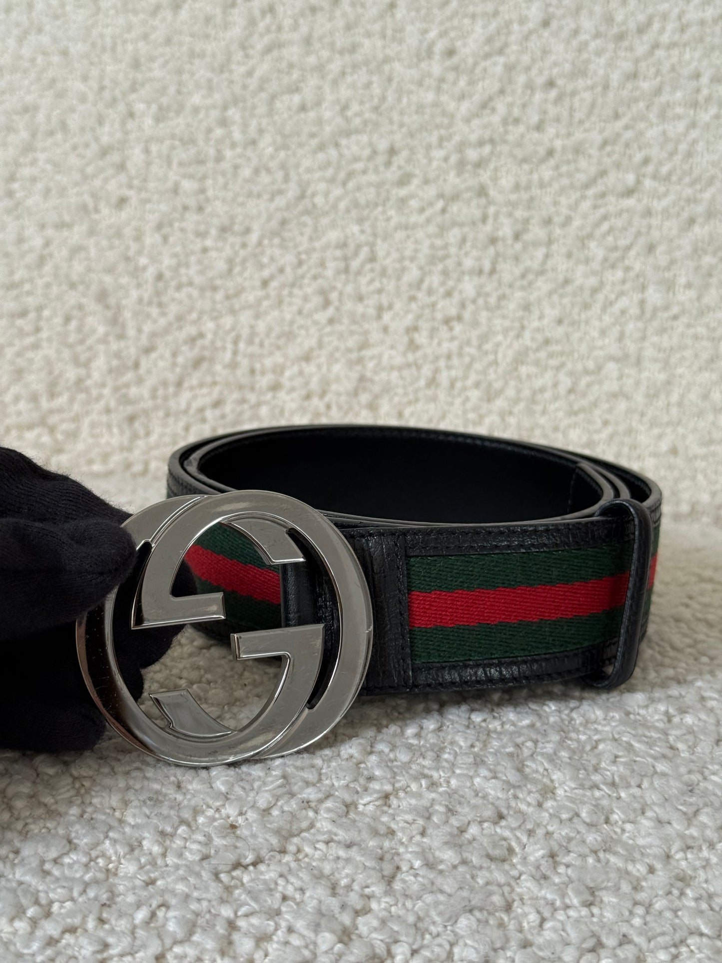 Gucci Green/Red Web Fabric and Leather Interlocking GG Buckle Belt