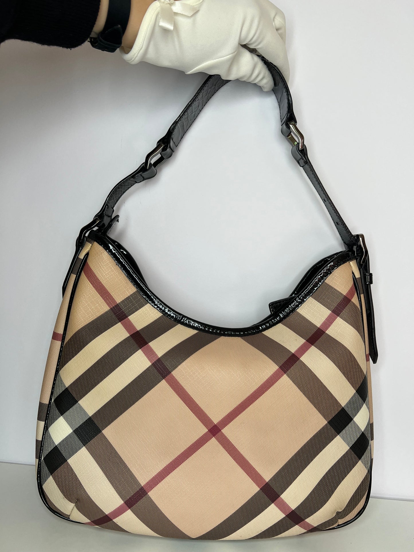 Burberry Beige/Black Nova Check PVC and Patent Leather Barton Hobo