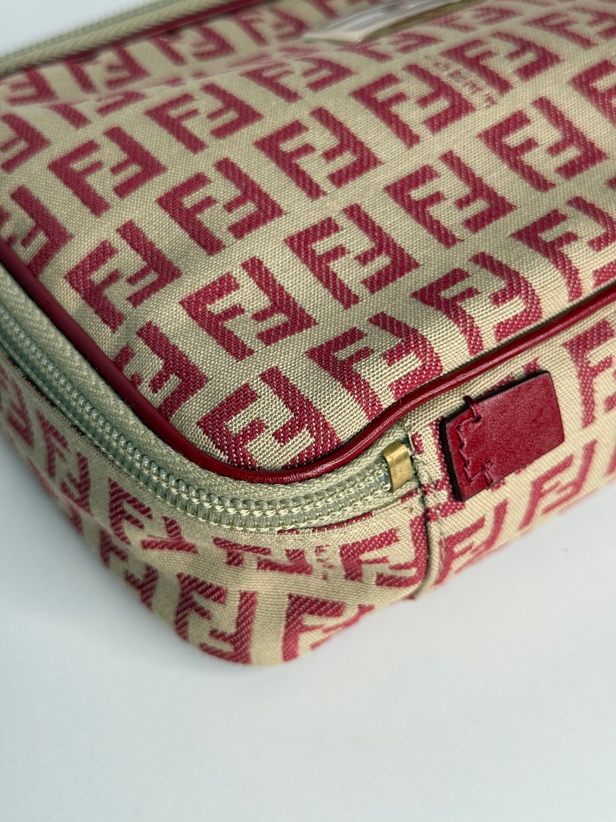Fendi Beige and Red Zucchino Canvas Cosmetic Pouch