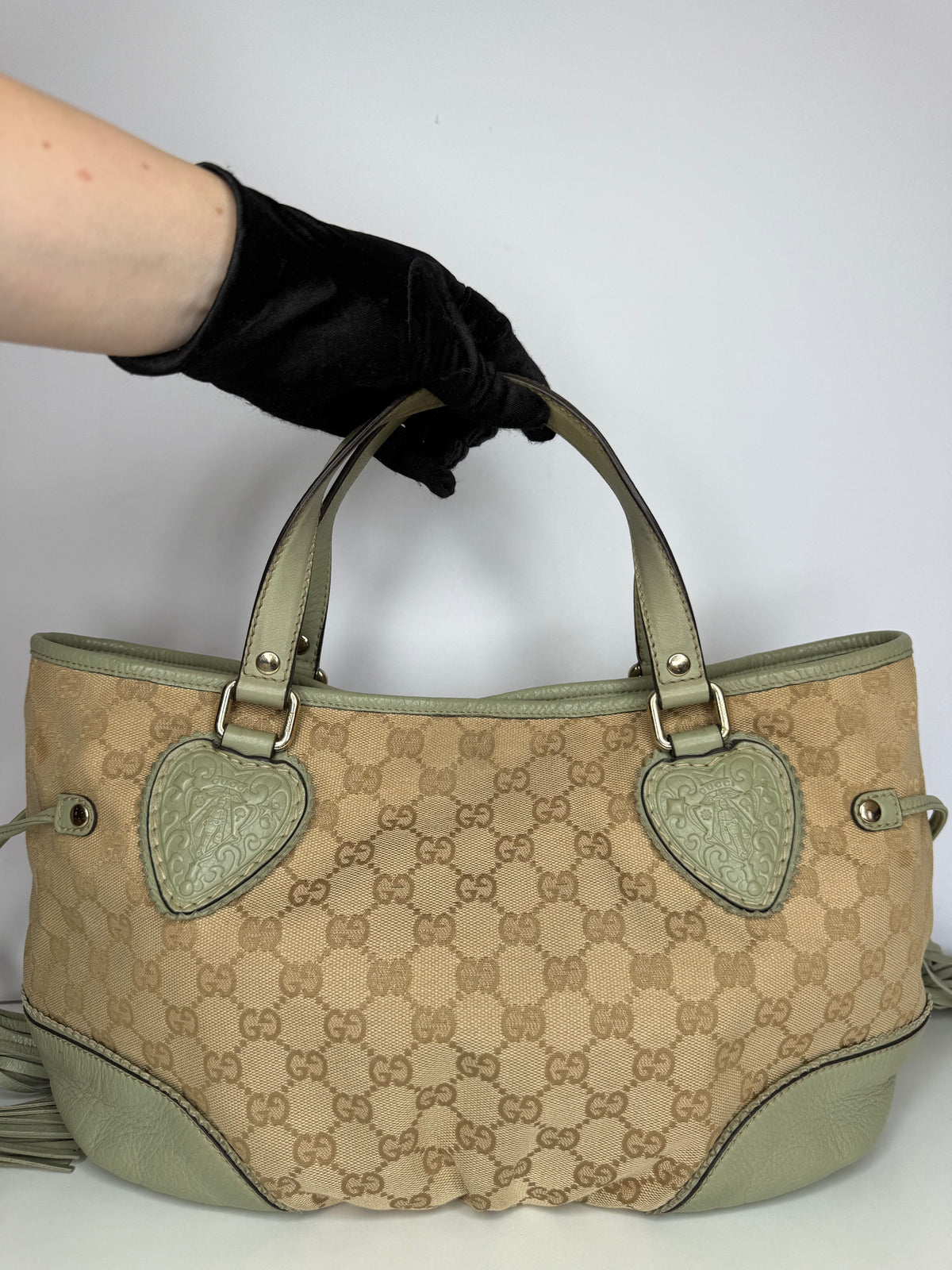 Gucci Beige GG Canvas and Green Leather Tribeca Small Tote Bag