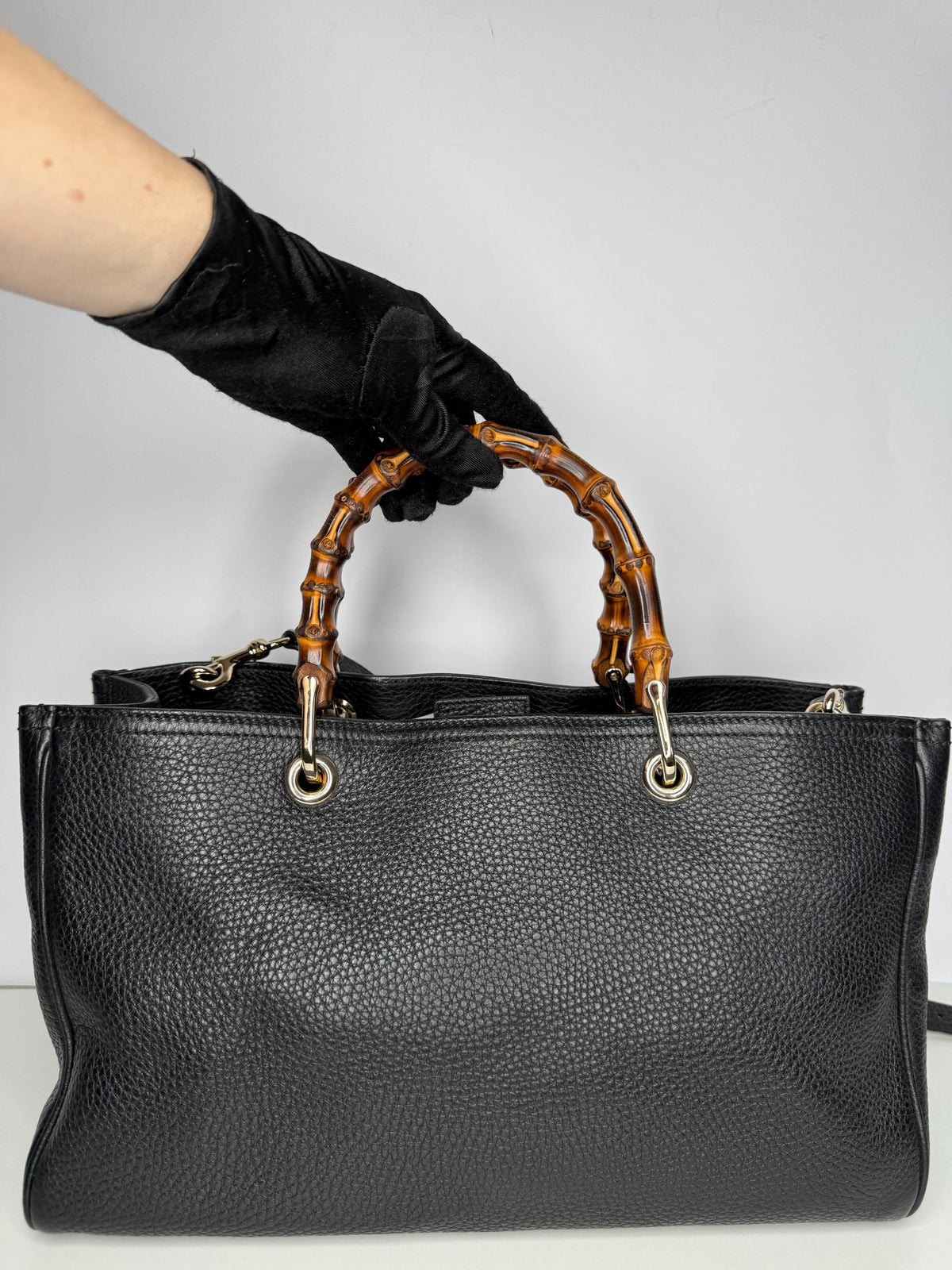 Gucci Black Pebbled Leather Bamboo Top Handle Medium Tote Bag