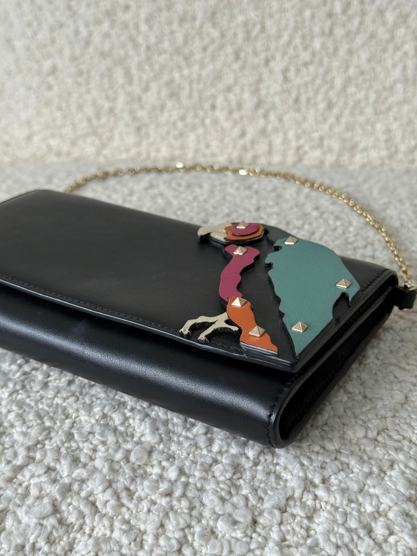 Valentino Garavani Parrot Motif and Black Leather Wallet on Chain