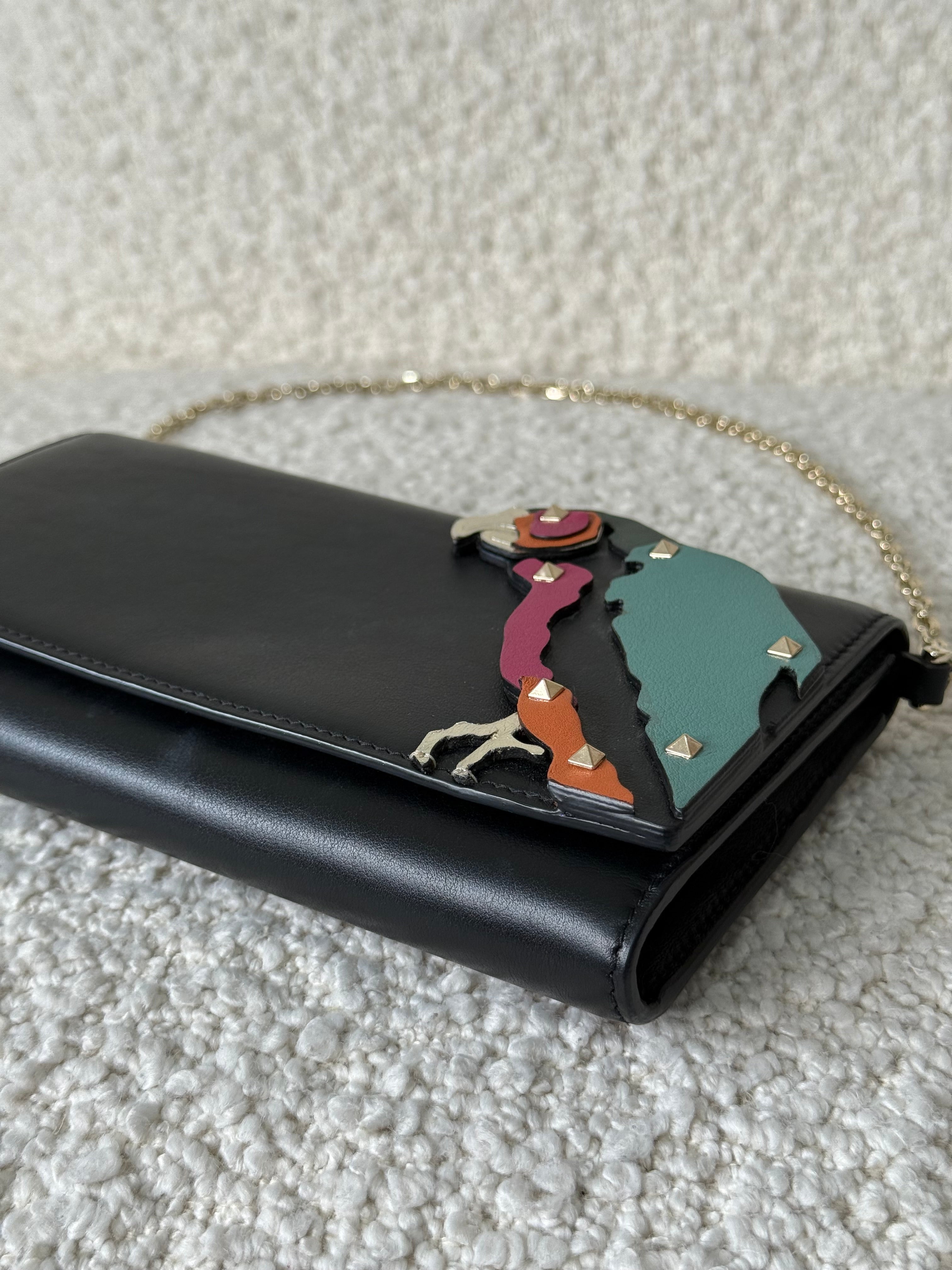Valentino Garavani Parrot Motif and Black Leather Wallet on Chain