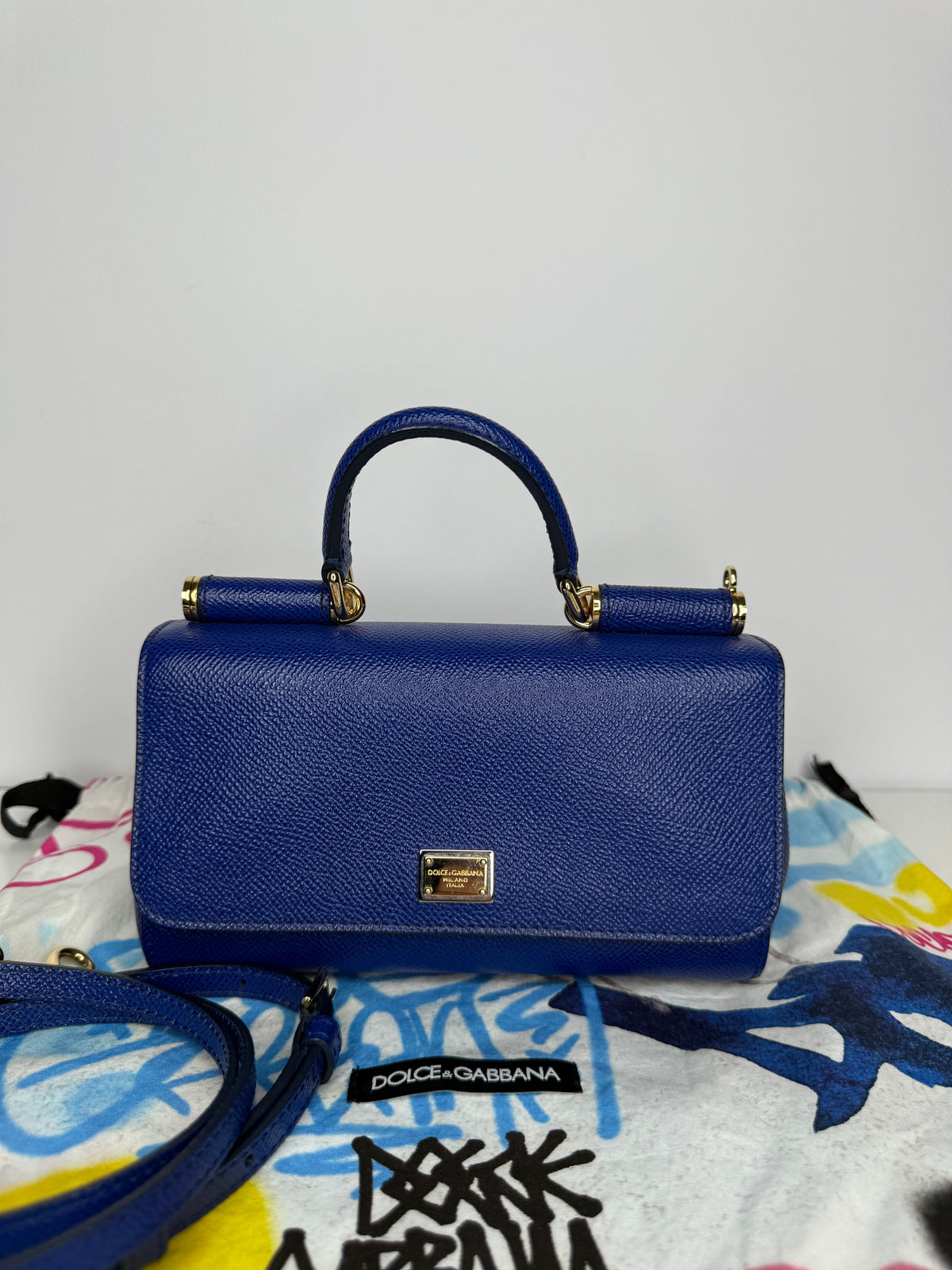 Dolce Gabbana Mini Miss Sicily Blue Dauphine Leather Crossbody Bag