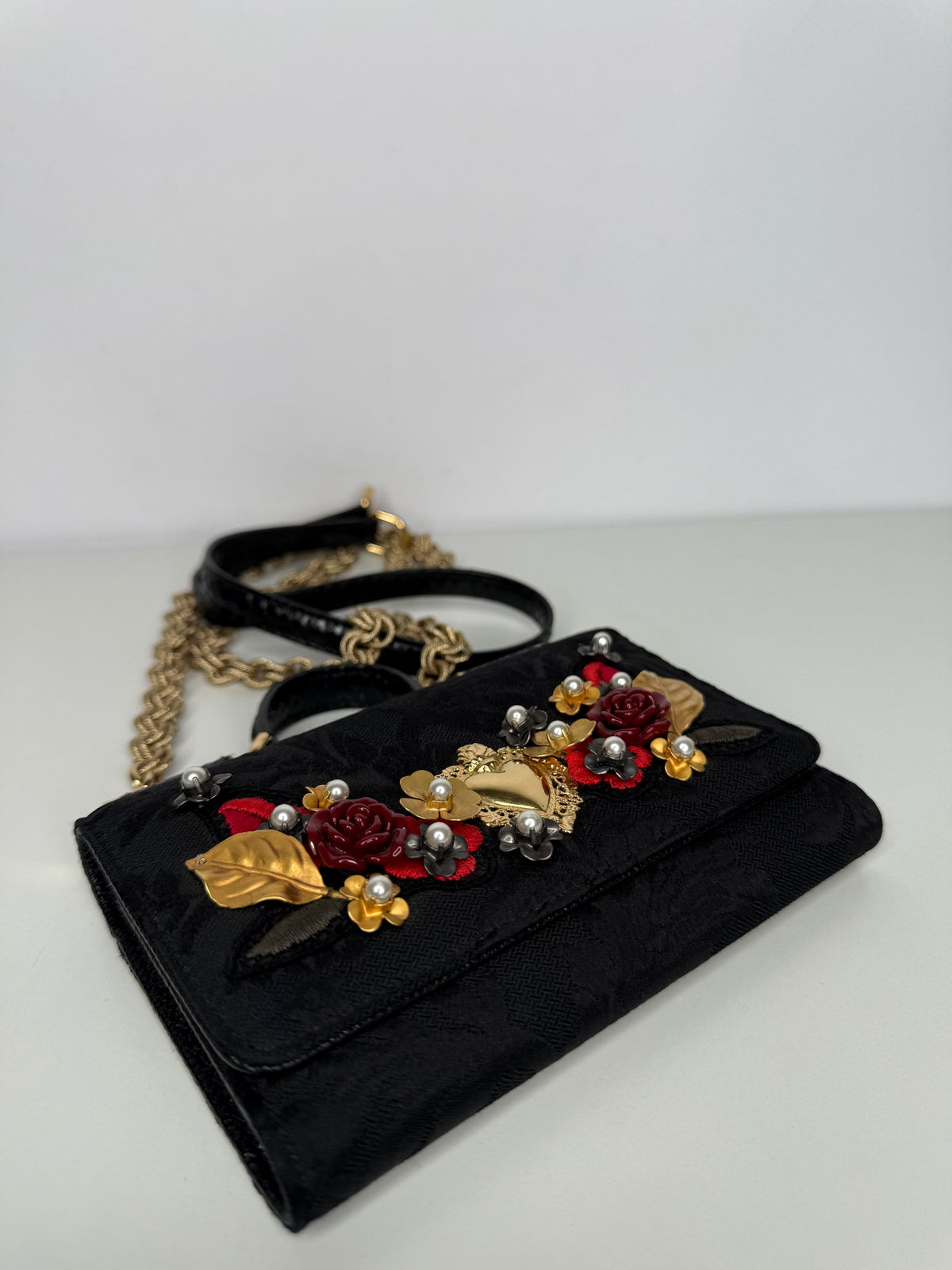 Dolce Gabbana Rare Sicily Von Bag Black with Roses and Sacred Heart