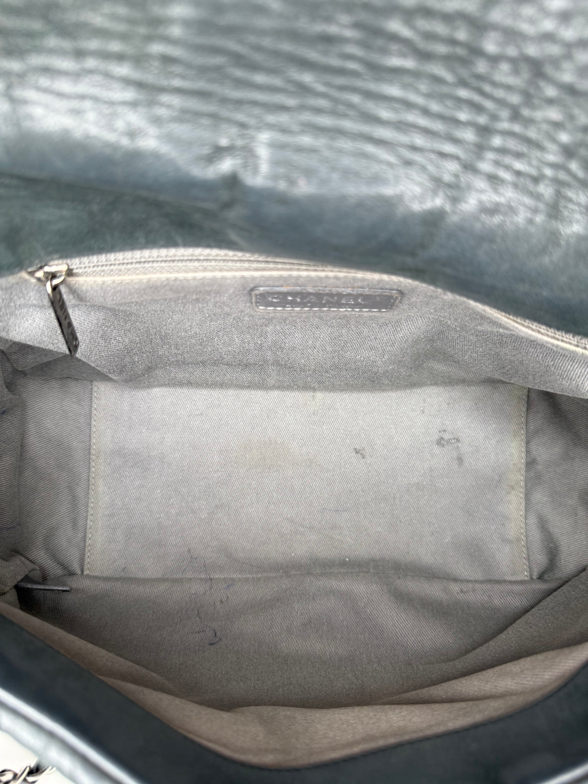 Chanel Grey Iridescent Calfskin Glint Accordion Flap Shoulder Bag