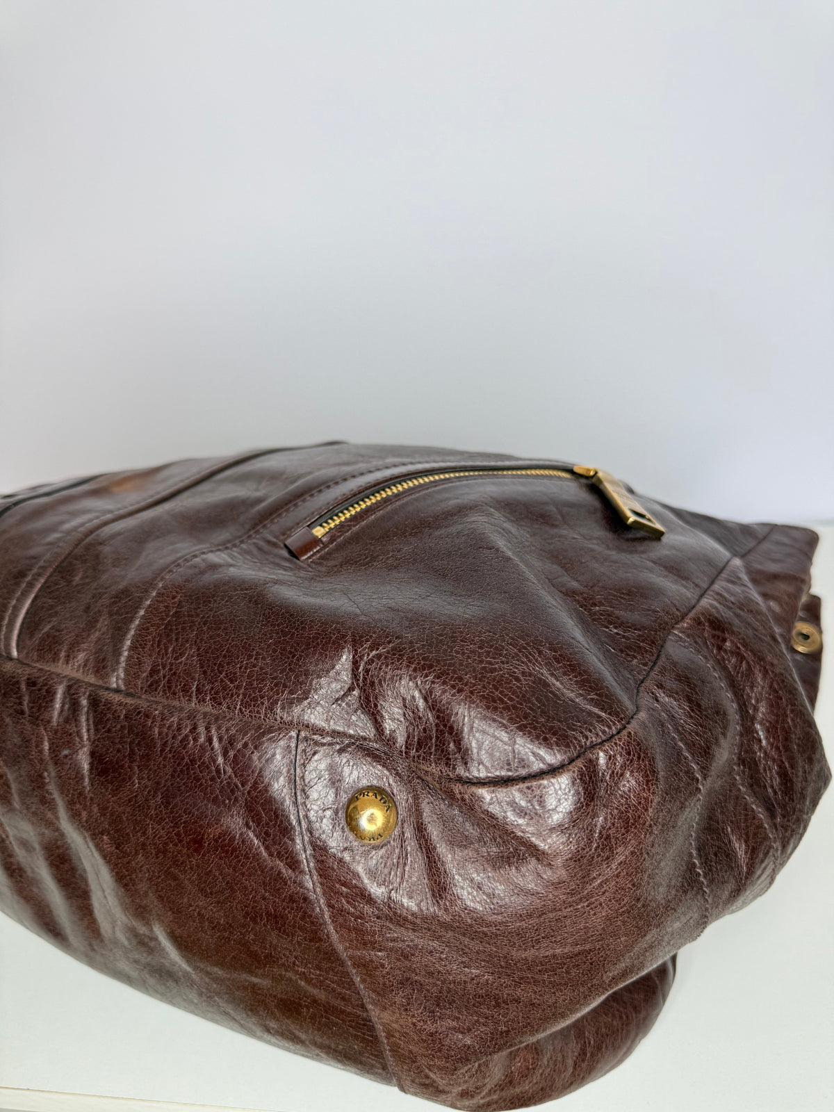Prada Dark Brown Vitello Shine Leather Bowler Bag