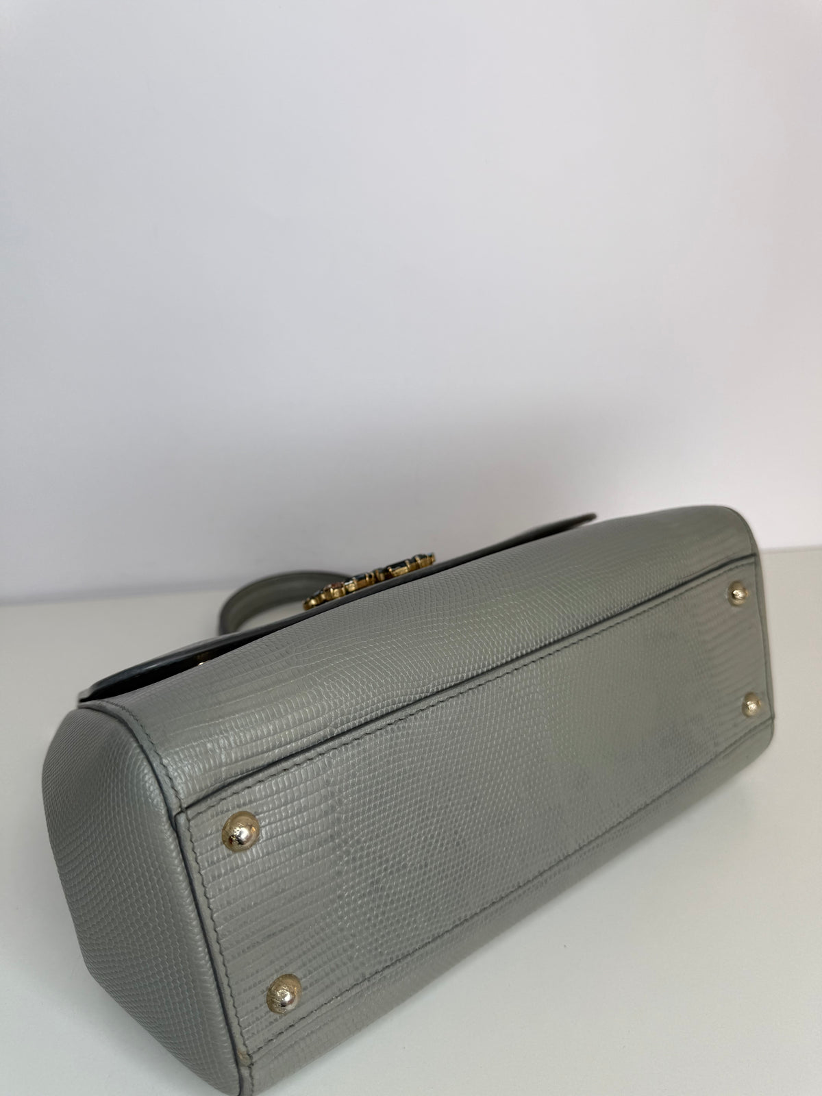 Dolce Gabbana Grey Lizard Embossed Leather Medium Miss Sicily Top Handle Bag