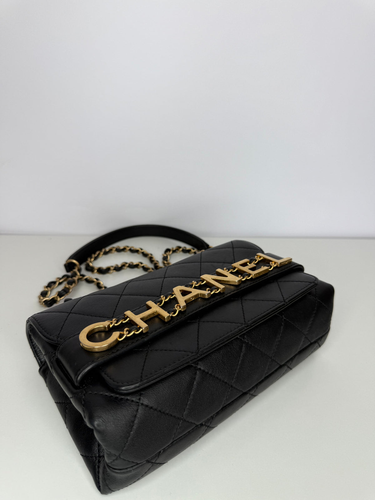 Chanel Logo Enchained Black Quilted Calfskin Flap Bag