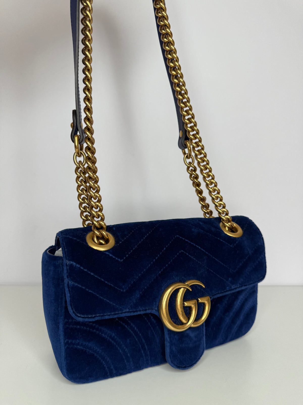 Gucci Velvet Matelasse Small GG Marmont Shoulder Bag Cobalt Blue