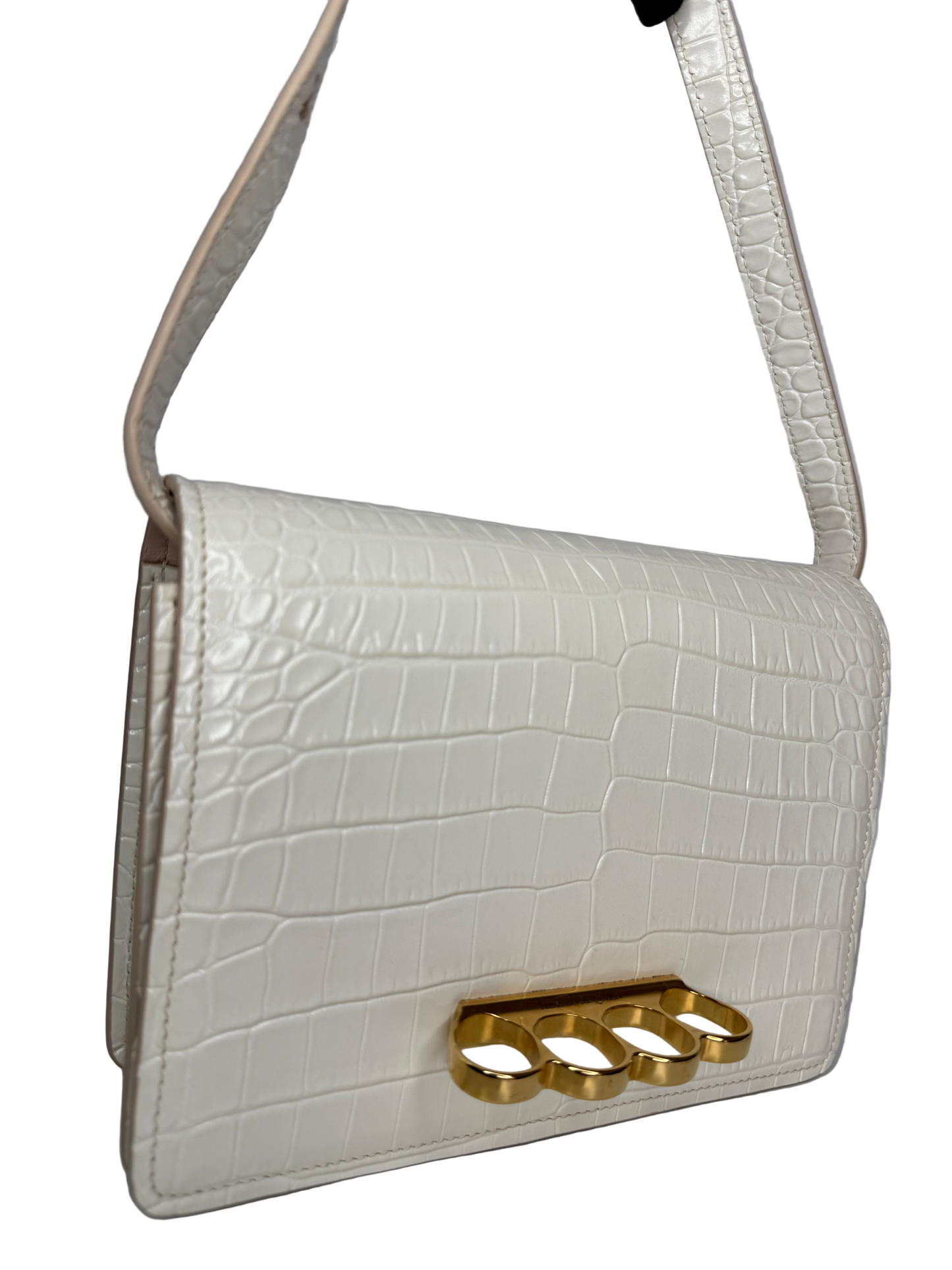 Alexander McQueen Croc Embossed Four Ring Crossbody Bag in Soft Ivory