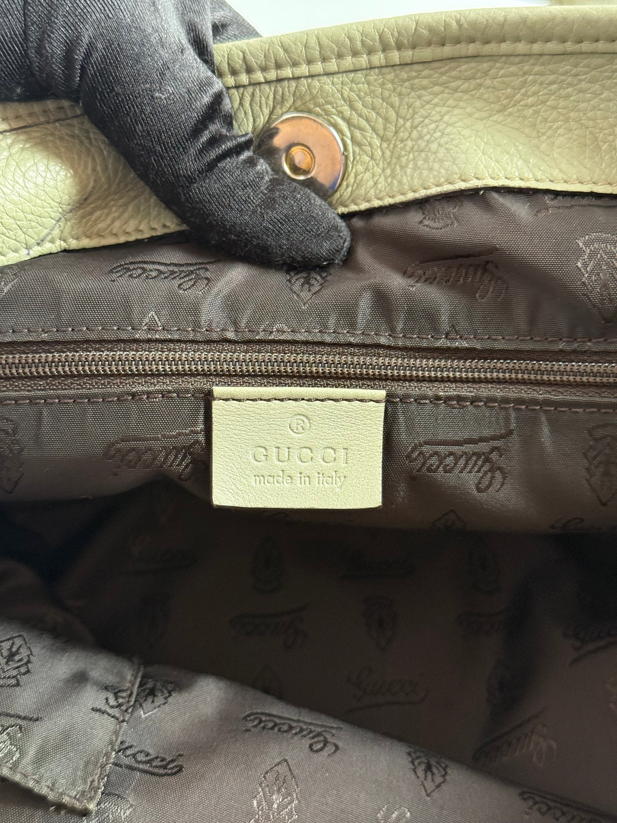 Gucci Beige GG Canvas and Green Leather Tribeca Small Tote Bag