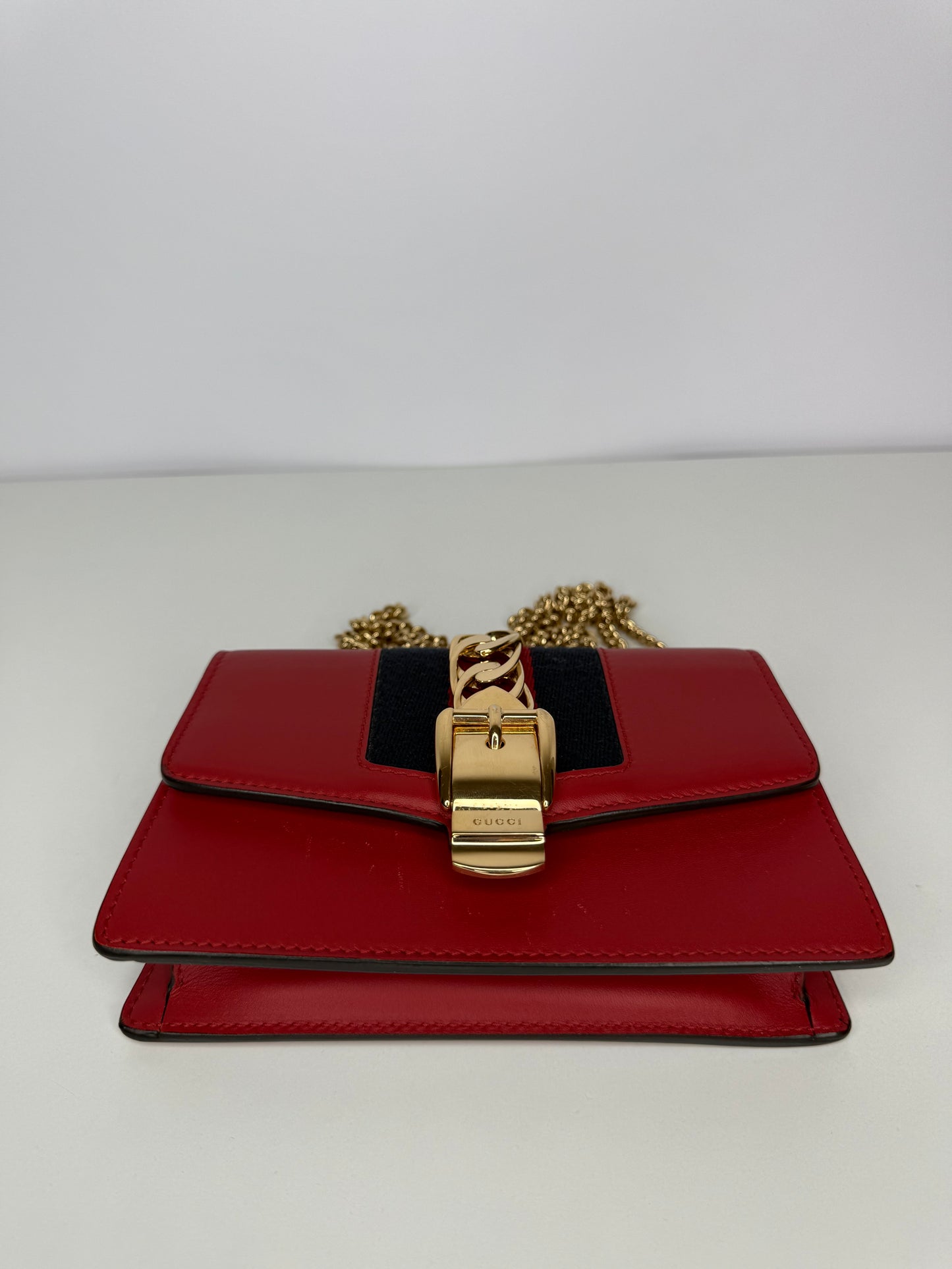 Gucci Mini Sylvie Red Leather Web Signature Chain Crossbody Bag