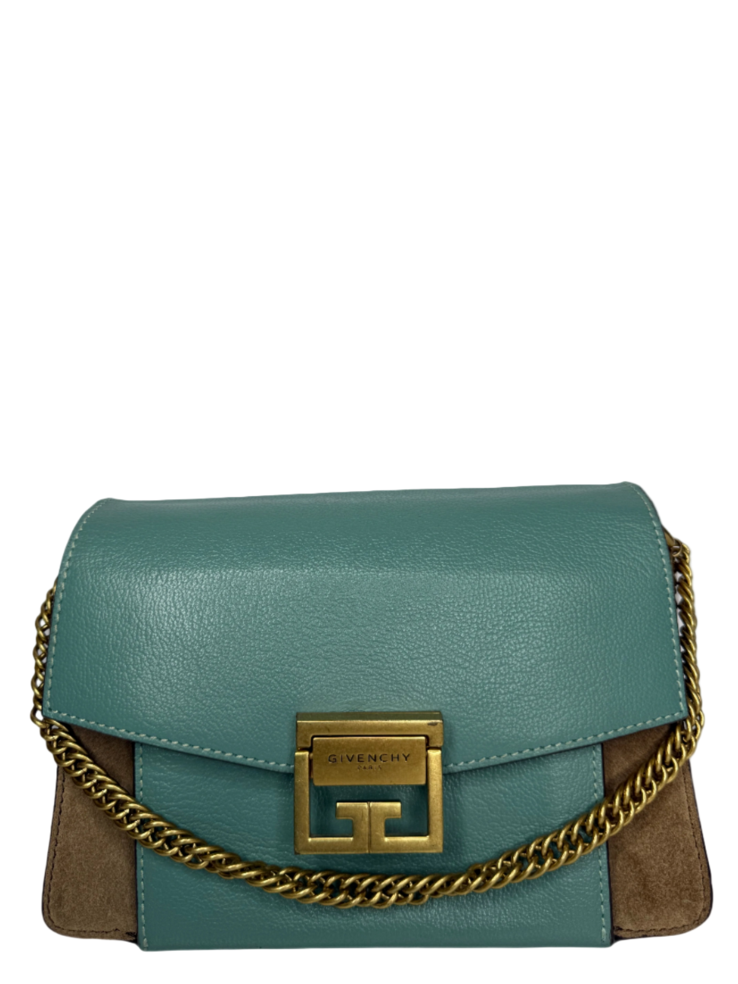 Givenchy GV3 in Light Blue Sugar Goatskin Tan Suede Trim Small Crossbody Bag