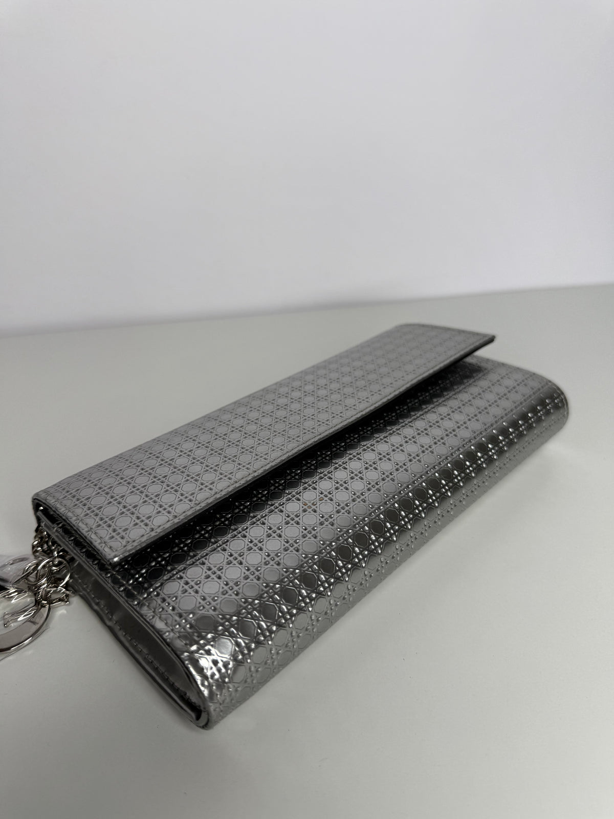 Christian Dior Lady Dior Croisiere Perforated Wallet on Chain in Silver