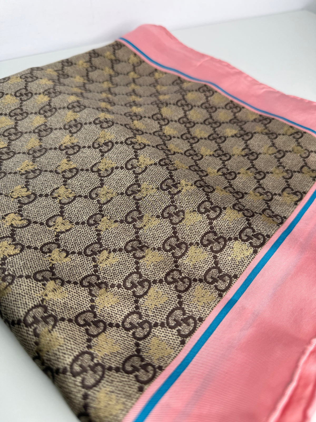 Gucci Beige/Pink GG Monogram Bee Silk Square Scarf