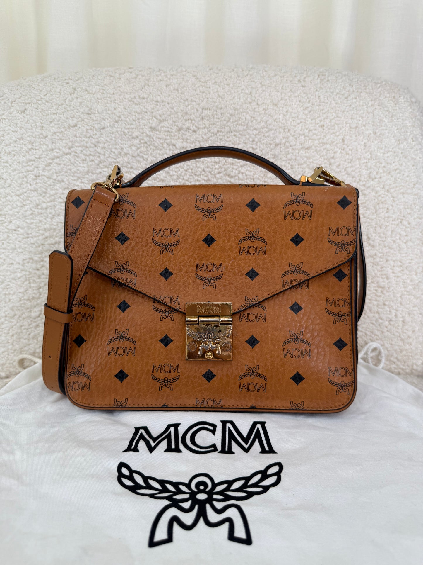 MCM Patricia Satchel Visetos Crossbody Bag Brown