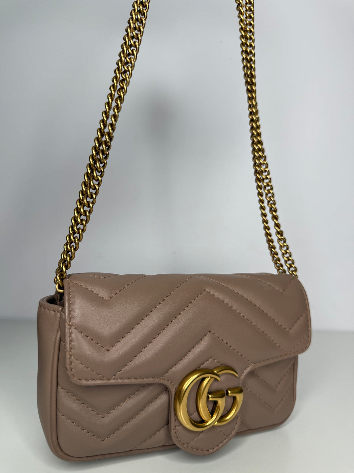 Gucci Calfskin Matelasse Super Mini GG Marmont Shoulder Bag Porcelain Rose