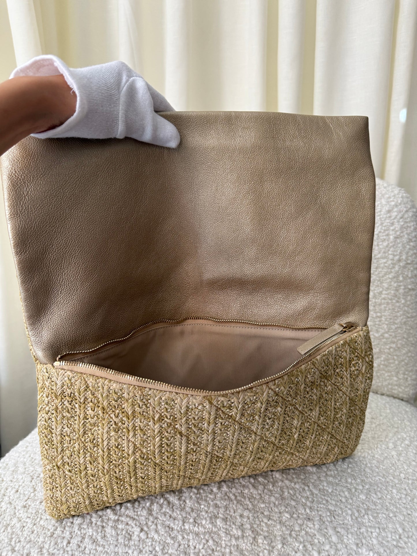 Chanel CC Woven Clutch Gold Natural Raffia Antique Gold Hardware