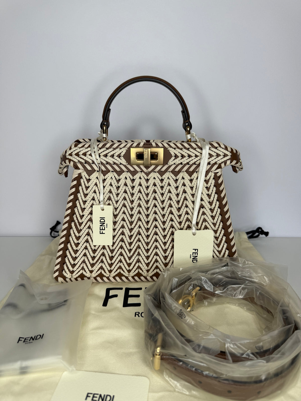 Fendi Peekaboo ISeeU Small Brown Calfskin Waxed Cord Interlacing