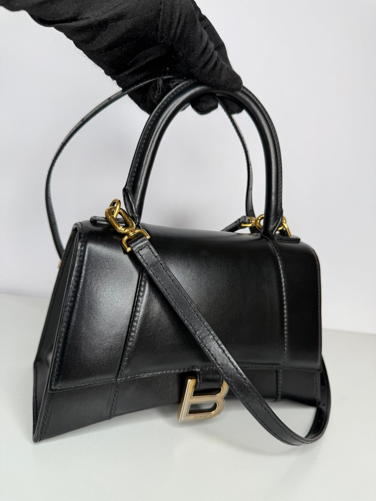 Balenciaga Hourglass S In Black Shiny Box Calfskin Handbag