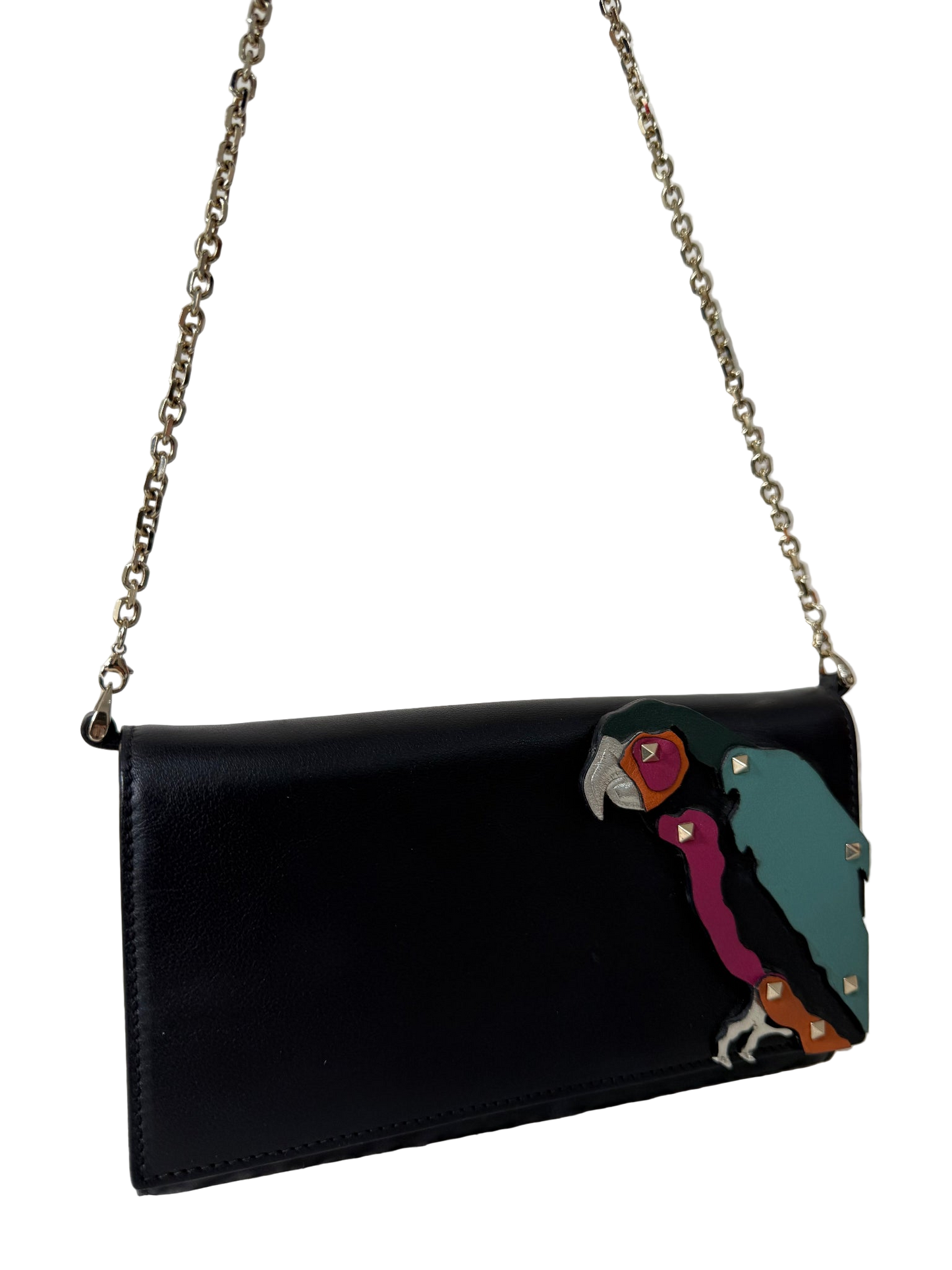 Valentino Garavani Parrot Motif and Black Leather Wallet on Chain