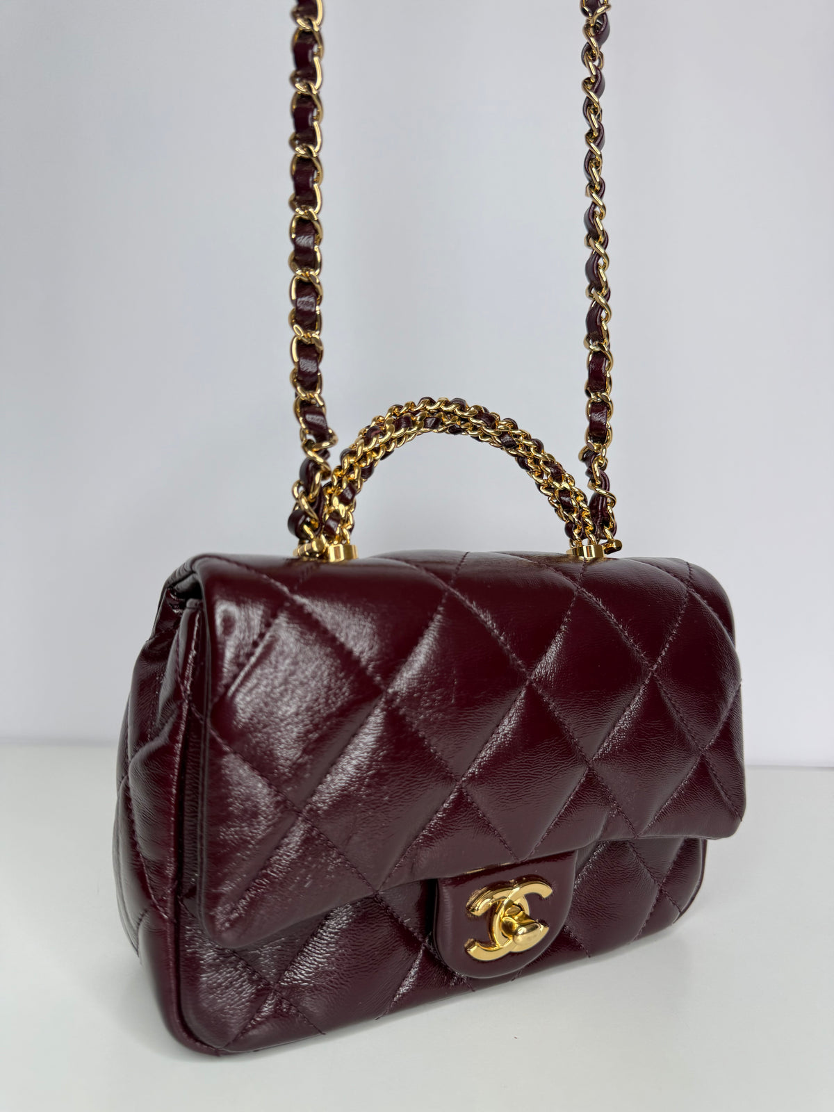 Chanel Mini Top Handle Flap Bag in Burgundy Quilted Leather Gold Hardware
