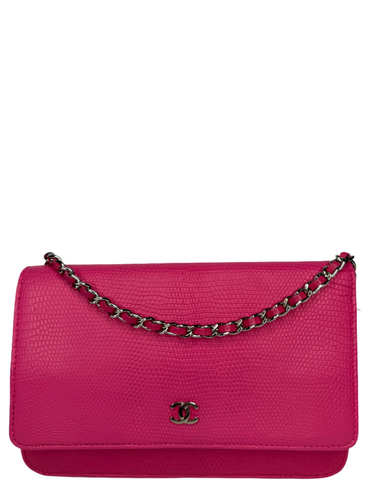 Chanel Pink Lizard Embossed Classic Wallet On Chain