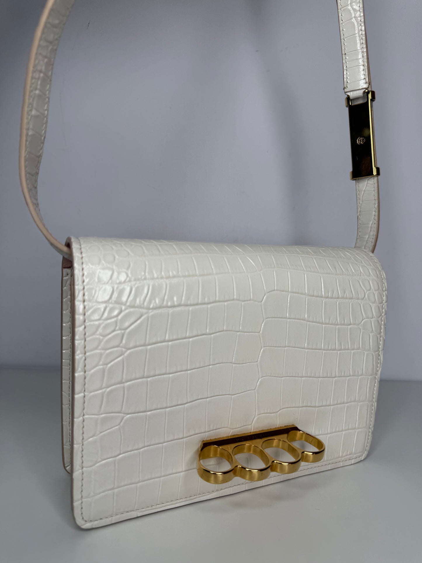 Alexander McQueen Croc Embossed Four Ring Crossbody Bag in Soft Ivory