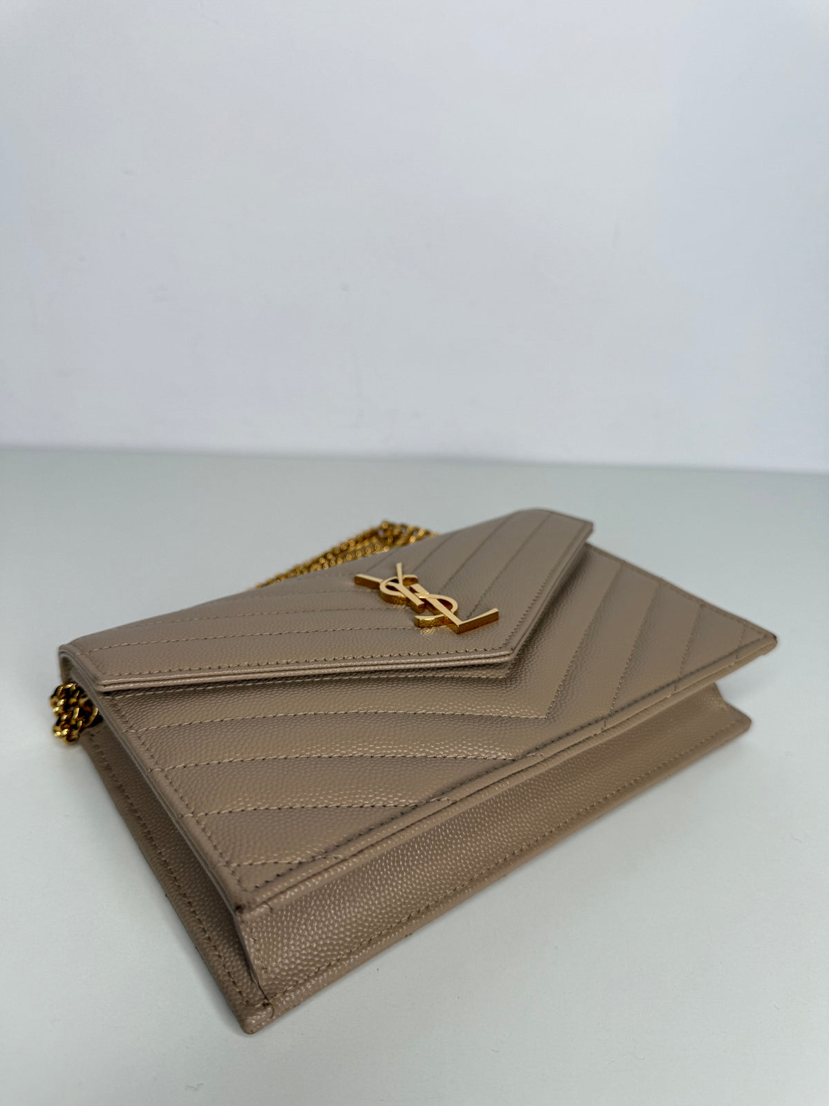 Saint Laurent Cassandre Envelope Dark Beige Grain De Poudre Leather Wallet on Chain
