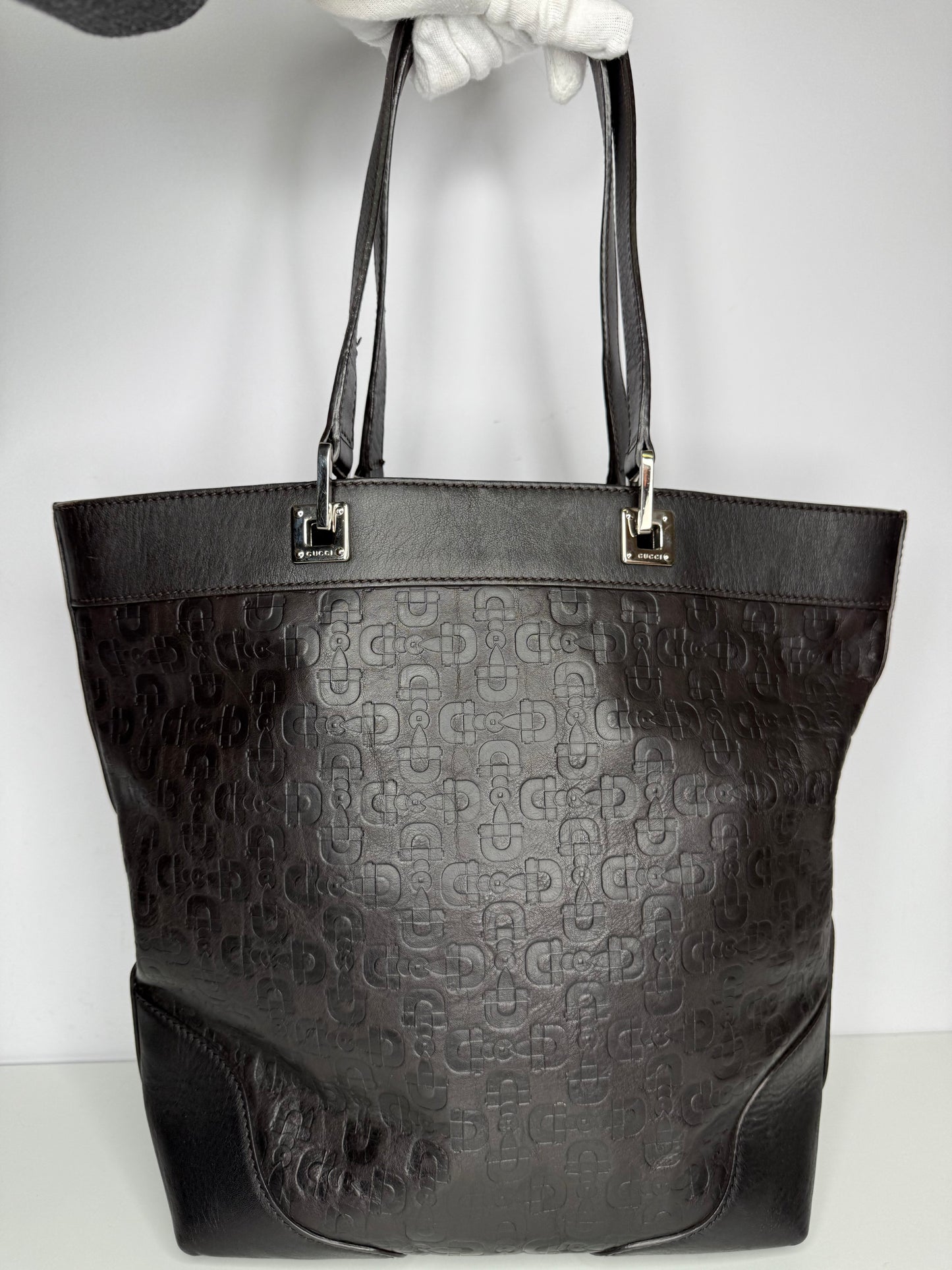 Gucci Black Embossed Leather Horsebit Tote Bag