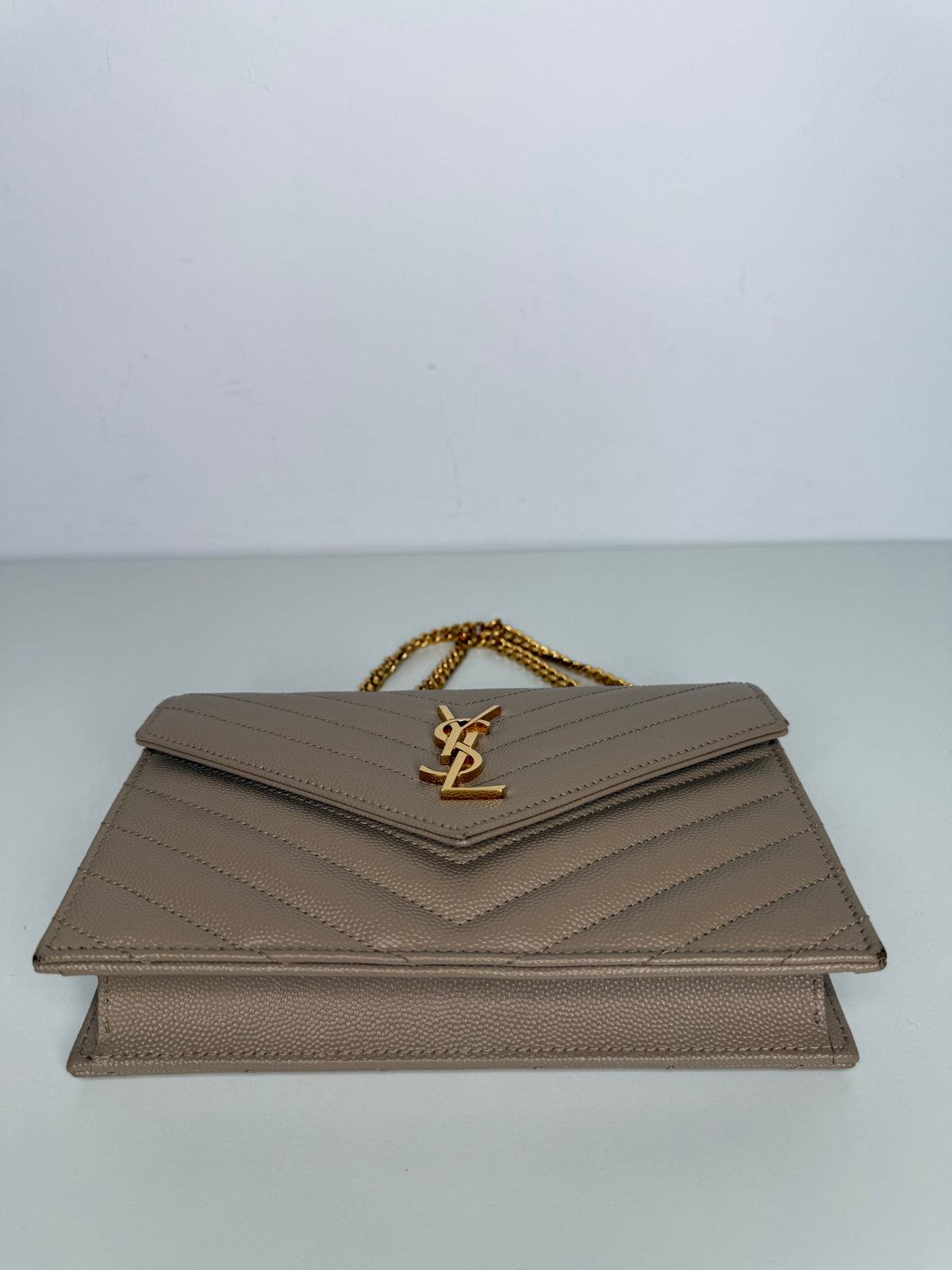 Saint Laurent Cassandre Envelope Dark Beige Grain De Poudre Leather Wallet on Chain