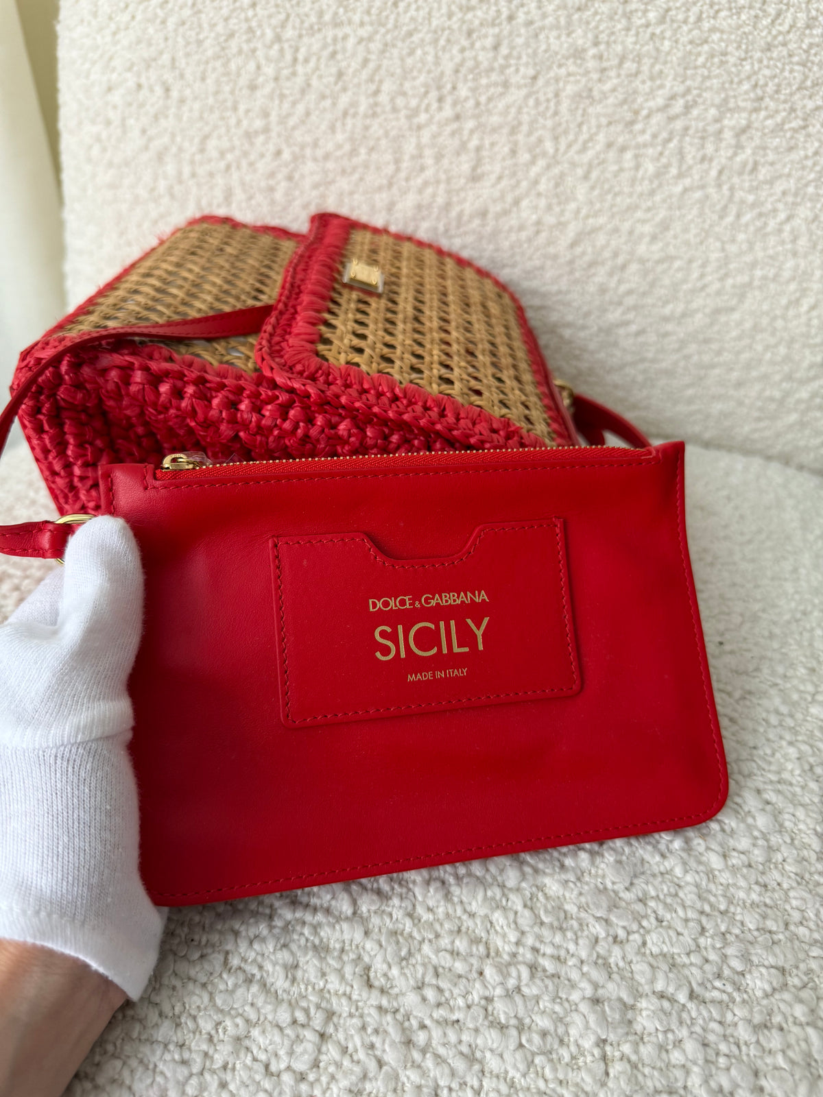 Dolce Gabbana Woven Raffia Miss Sicily Satchel Red