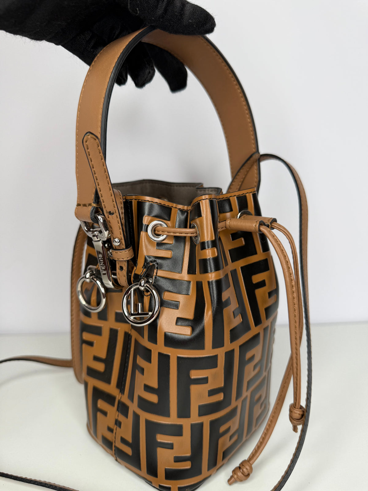 Fendi Brown/Black Zucca Leather Mini Mon Tresor Drawstring Bucket Bag