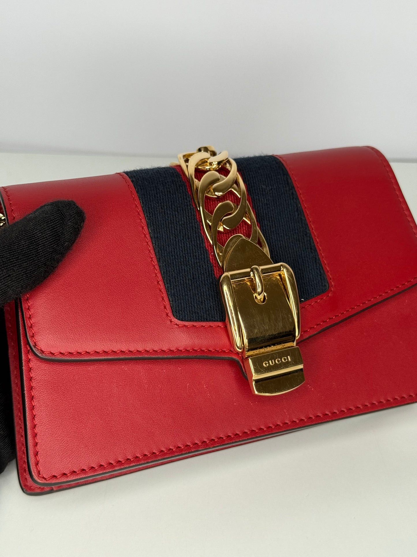 Gucci Mini Sylvie Red Leather Web Signature Chain Crossbody Bag