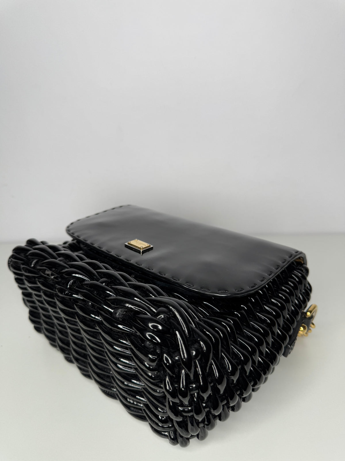 Dolce Gabbana Black Wicker and Patent Leather Shoulder Bag